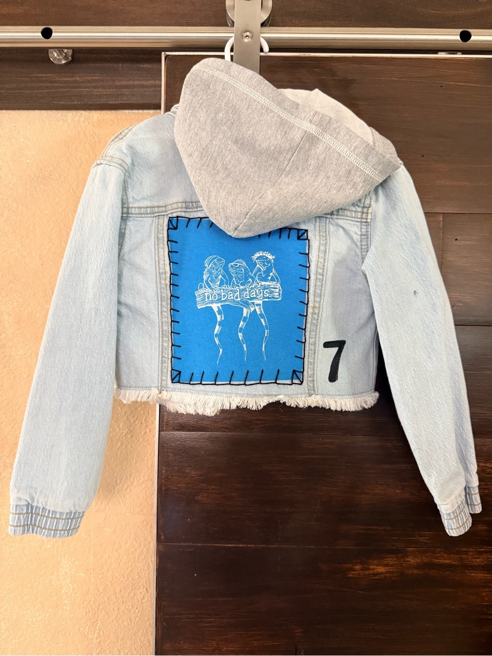 Upcycled No Bad Days Distressed Denim Hoodie Jacket Size XS (4-5)